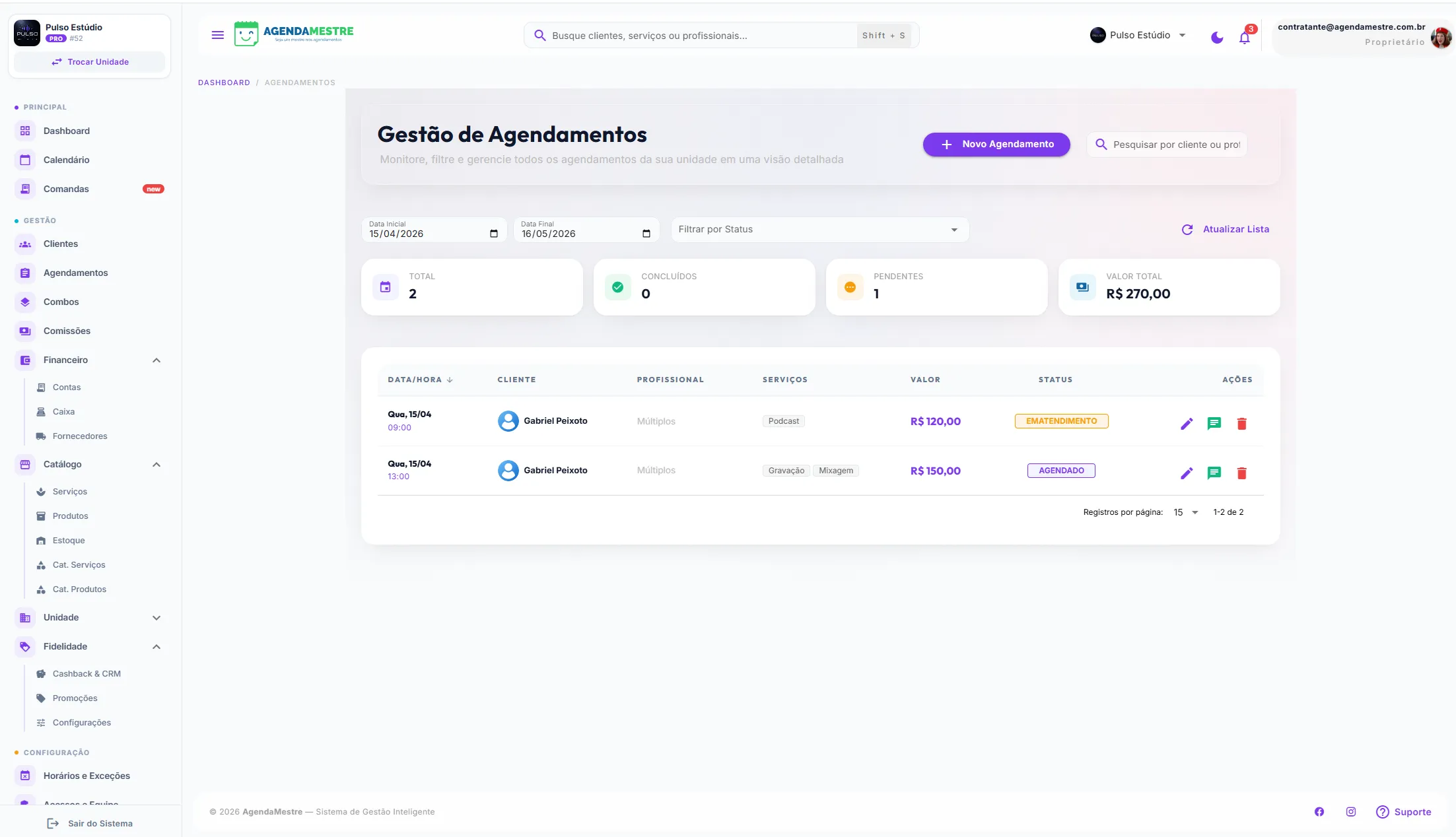 Tela de Agendamentos do AgendaMestre