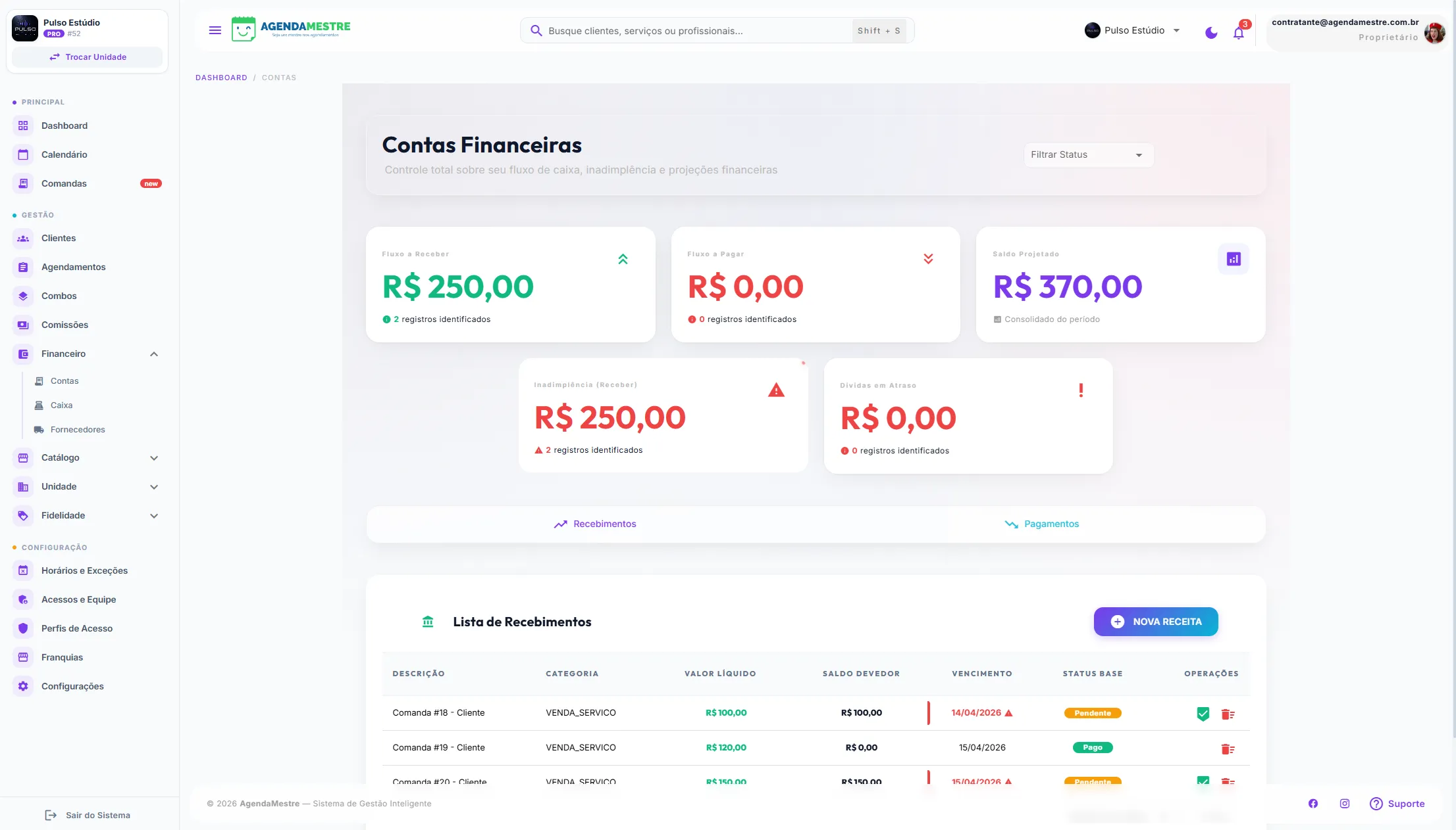 Tela de Financeiro do AgendaMestre